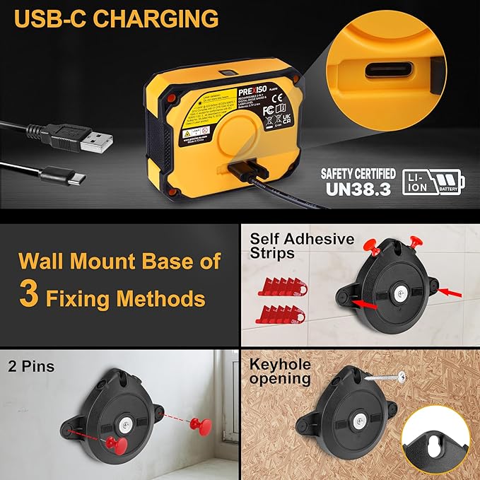 PREXISO 3-in-1 Multi Surface Laser Level with Digital Angle Gauge Magnetic, Rechargeable Digital Level with Wall Mount Base, 0-90° & 0-180°, Angle Finder Cross Line for Woodwork, Saw, Hanging Frames