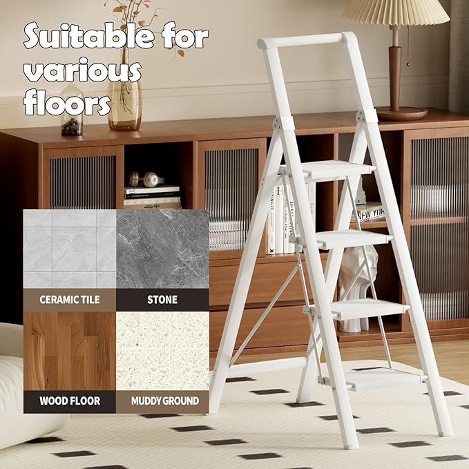 Taranta 4 Step Ladder, Portable Folding Ladder with Wide Pedal, Lightweight Aluminum Step Stool with Convenient Handgrip, 330 lbs Capacity Stepladder for Home, Office - White