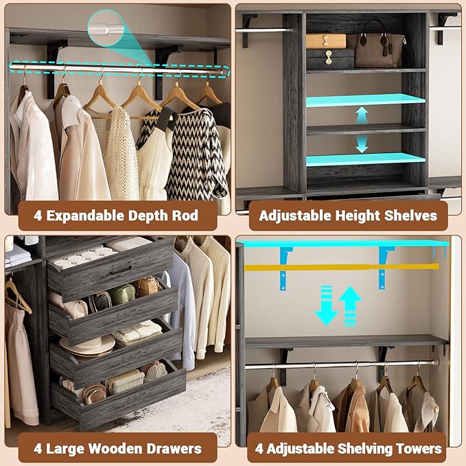 Aheaplus Closet System with 4 Drawers, 8FT Wood Closet Organizer System, 96’’ Closet Built In System Tower with Shelves, Walk-in Closet Wardrobe Clothes Garment Rack, Fits Spaces 4-9 ft, Black Oak