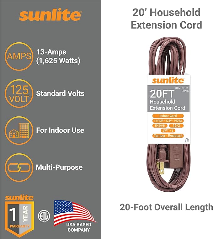 Sunlite 04135 20-FT Household Extension Cord, Three 2-Prong Polarized Sockets, Tamper Guards, Indoor Use, for Small Appliances, Electronics, Lamps, ETL Listed, SPT-2, 1625 Watts 13 Amps, 125V, Brown