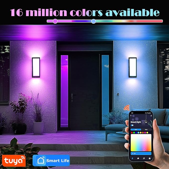 LED RGBCW Outdoor Wall Light Fixtures, 2 Pack Modern Wall Sconces, Color Changing Smart Exterior Lights, IP65 Waterproof Outdoor Porch Lights for House Front Door Garage