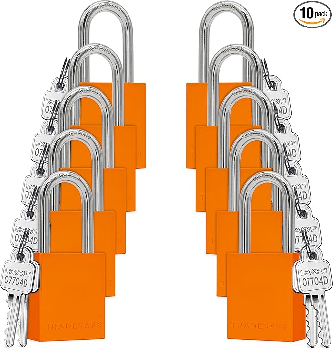 TRADESAFE Lockout Tagout Locks Set - 10 Orange Aluminum Loto Locks, Lock Out Tag Out Padlocks Keyed Alike, 2 Keys Per Lockout Padlock, OSHA Compliant