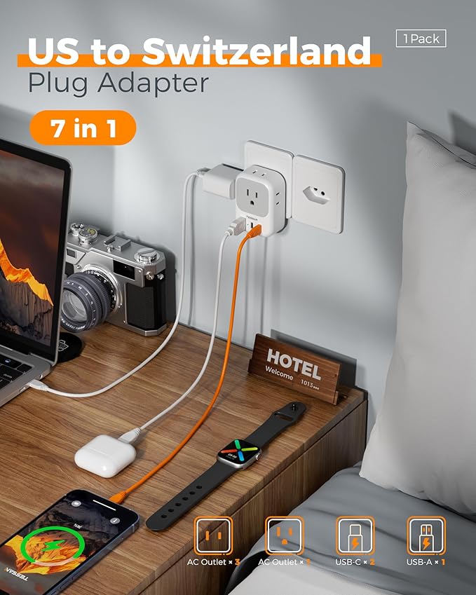 TESSAN Switzerland Travel Plug Adapter, Type J Switzerland Power Adapter with 4 Outlets 3 USB (2 USB-C), Swiss Plug for US to Rwanda Jordan Liechtenstein Madagascar, Travel Essentials