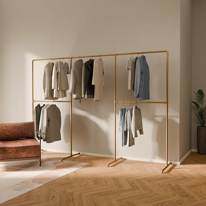 pamo Gold Clothing Rack – 114.17" W x 76.38" H – Industrial Pipe Metal Garment Organizer for Bedroom or Retail – Heavy-Duty Clothes Rack – Easy Assembly