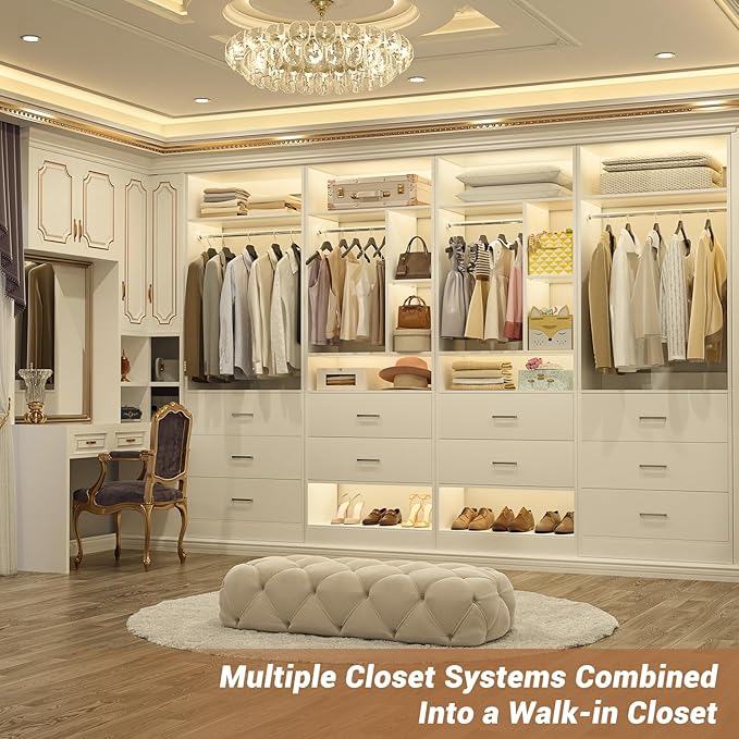 4FT Closet Systems with 5 Wood Drawers, 48 Inch Closet Organizer System with 2 Hanging Rods & 7 Shelves, Heavy Duty 48" Walk-in Closet , White (48"L x 15" W x 80" H)