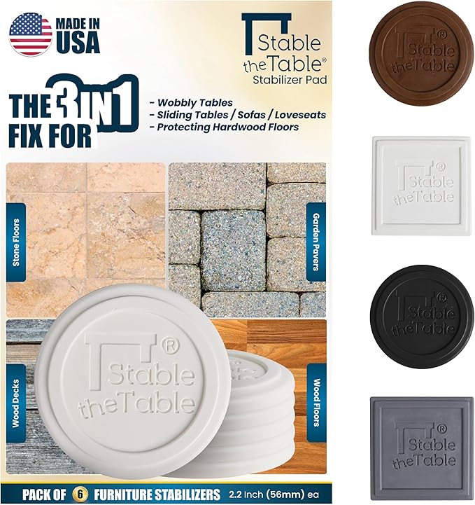 Stable the Table-6 Pack-White Round, Furniture Leveler & Riser, Anti-Slip Sofa Gripper for Hardwood Floors, Floor Protector, Stacking Furniture Pad, Bed, Desk, Couch & Table Stabilizer, Made in USA