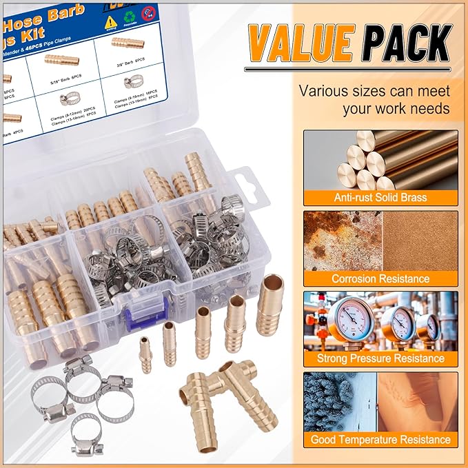 KOOTANS 32PCS Brass Hose Barb Fittings Barb Splicer Mender Hose Fittings Kit 3/16" 1/4" 5/16" 3/8" 1/2" Barbed Air Hose Fittings with 46pcs Pipe Clamps for Water Fuel Air Line Connector Fitting