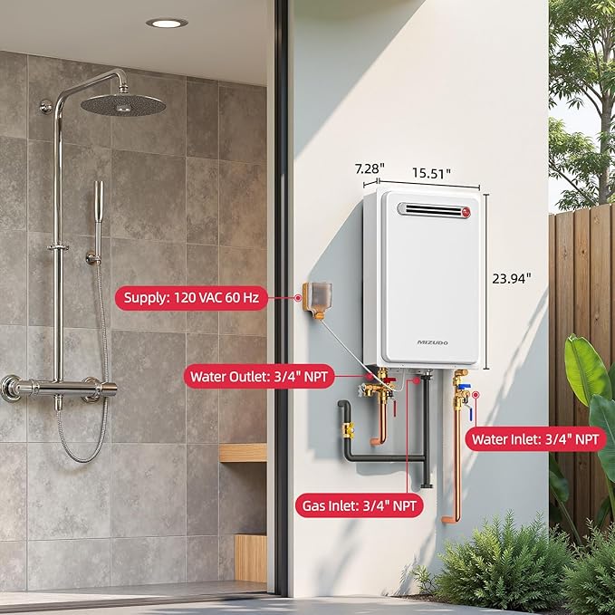 MIZUDO Tankless Water Heater Propane Outdoor Installation Max 5.1 GPM 120,000 BTU CSA Certified Constant Temp High Power On Demand Hot Water Heater for Big Family Whole House, Gen 2