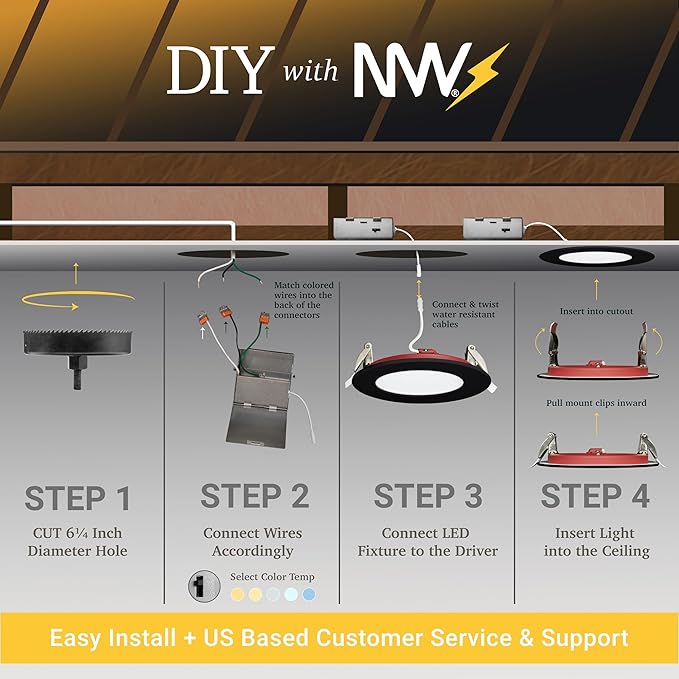 NUWATT 12 Pack 2 Hour 6" Fire Rated Recessed Lighting 6 Inch Wafer LED Lights, 5CCT 2700K/3000K/3500K/4000K/5000K, Wet & IC Rated, 15W, Dimmable 1200LM, 90CRI Black Recessed Light, No Cone Needed, ETL