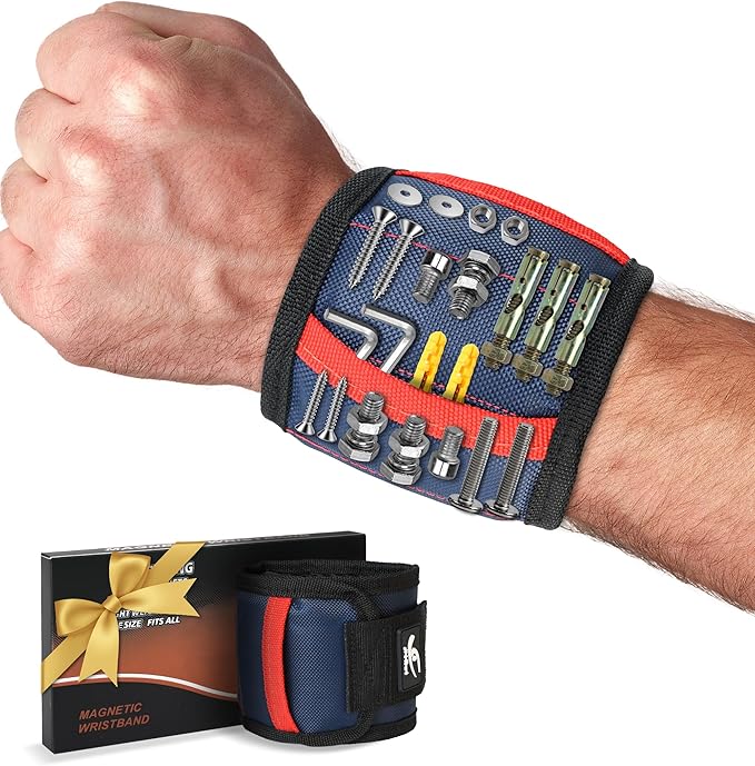 HiRui Magnetic Wristband for Tools – Ultra-Strong 15 Neodymium Magnets Hold Screws, Nails & Bits, Dual Pockets – Hands‑Free for DIY, Home Repairs, Auto – Gift‑Ready for Dad, Husband, Grandpa (Blue)