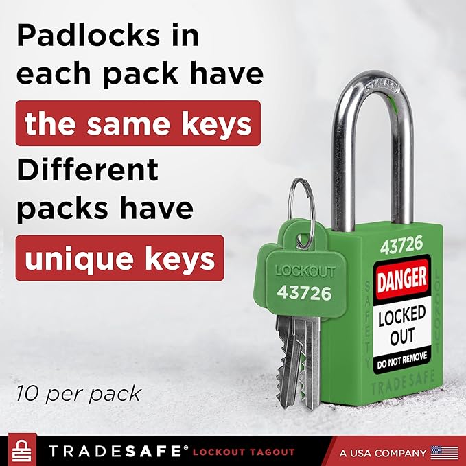 TRADESAFE Lockout Tagout Locks Set - 10 Green Keyed Alike Padlocks, 2 Keys Per Lock, OSHA Compliant Loto Locks for Lock Out Tag Out Stations, Premium Grade