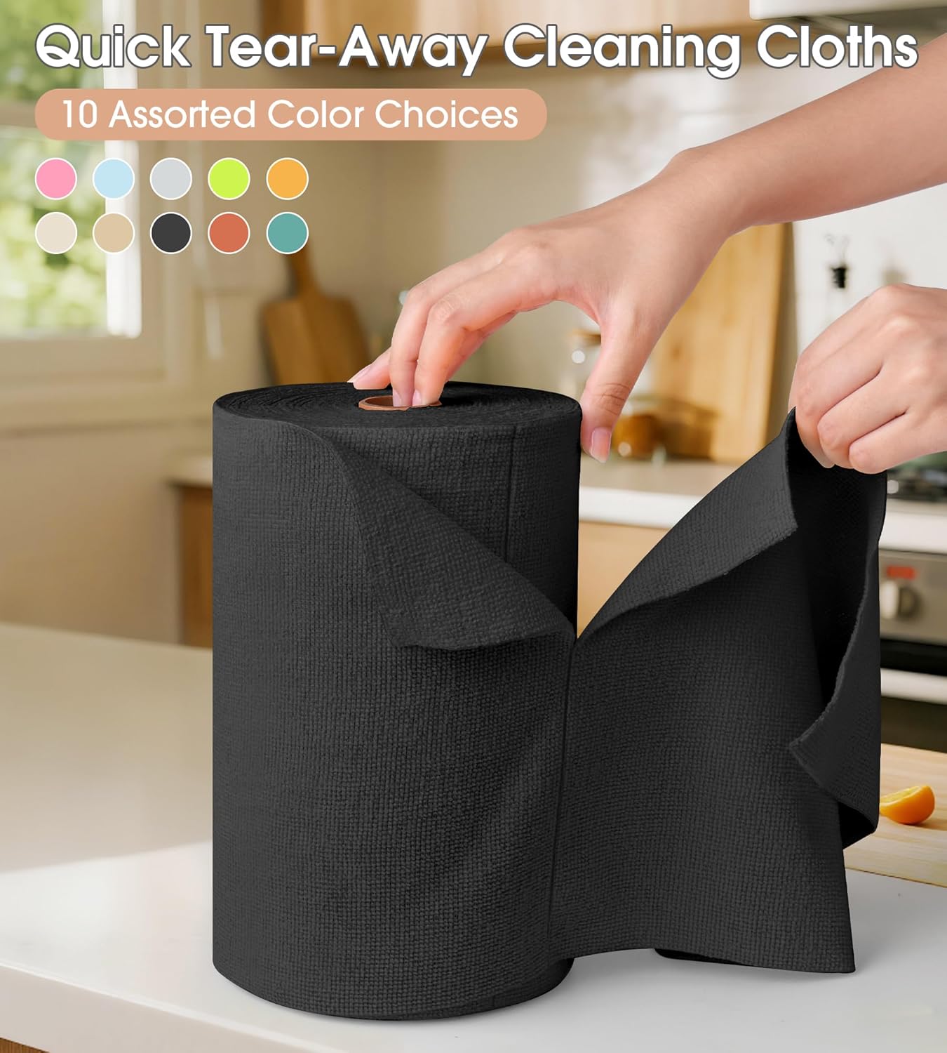 KitchLife Microfiber Cleaning Cloth Roll, 100 Pack - Tear-Away Microfiber Paper Towels, Lint-Free, Reusable, Washable for Kitchen, Car, Dishes, and Sensitive Surfaces (Black)