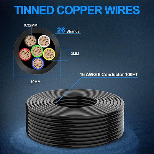 NAOEVO 16 Gauge Wire 6 Conductor Electrical Wire, 16 AWG Stranded PVC Cord, 12V Low Voltage/Tinned Copper/Flexible Cable for Automotive Wiring, Lamp Cord, Marine Cable (100FT)