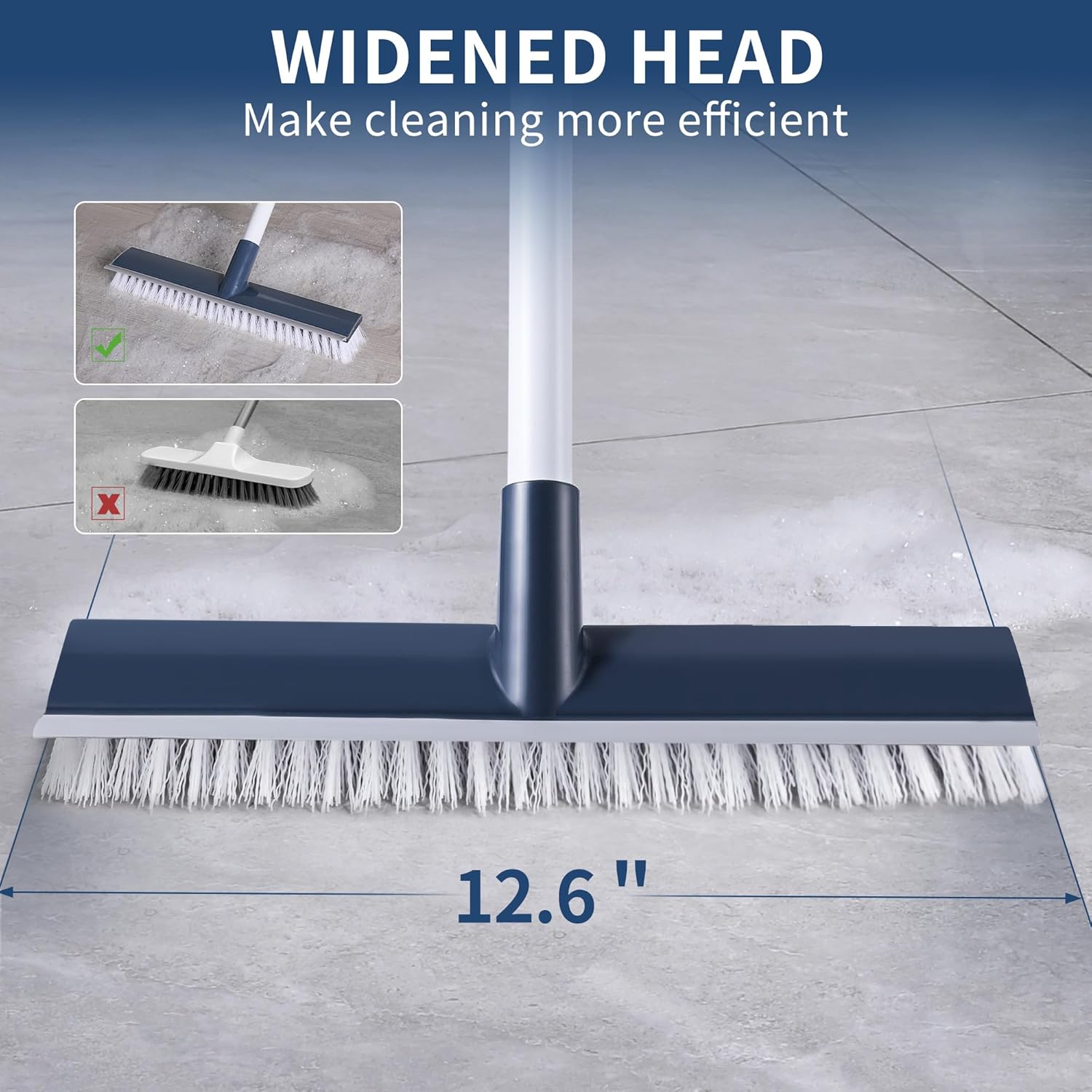 BOOMJOY Floor Scrub Brush with 57" Long Handle, 12" Wide Head, 2 in 1 Scrape and Brush, Stiff Bristle for Cleaning Bathroom, Patio, Kitchen, Tile, Wall and Deck