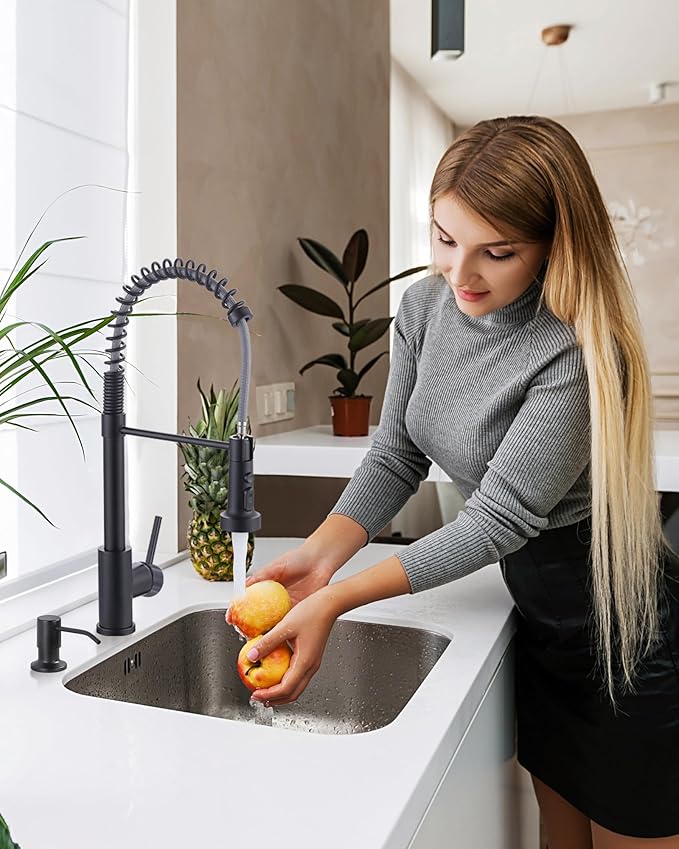 Black Kitchen Faucet with Soap Dispenser: 3-Function Kitchen Faucet with Pull Down Sprayer - Stainless Steel Single Handle Sink Faucet with Deck Plate for Farmhouse Laundry