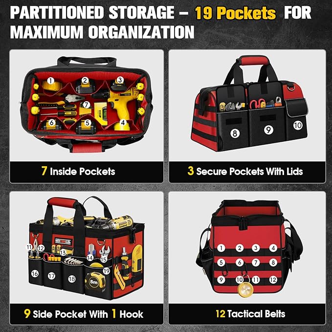 16-Inch Heavy Duty Tool Bag, 19-Pockets Tool Box Organizer, Portable Toolbag W/Soft Handle for Organized Storage, Mechanic Gifts for Men Dad Husband Him Christmas, Wide Mouth Toolbox Organization, Red