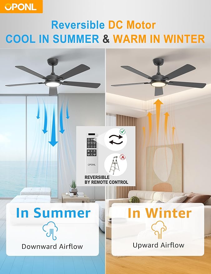 52 Inch Black Ceiling Fan with Light with Remote Control, Large Air Volume, modern ceiling fan with light for Bedroom Kitchen Dining room Patio- Donwrod Mount