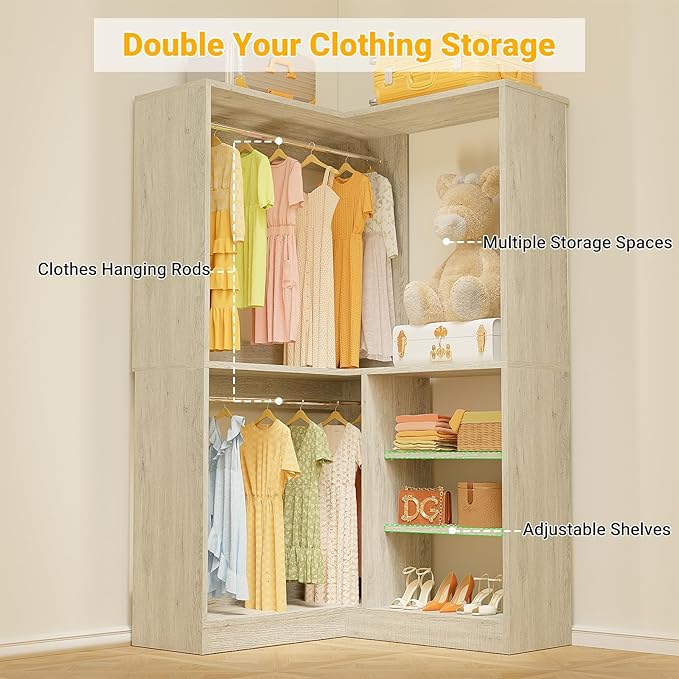 Unikito 36 Inch Corner Closet System, Large Freestanding Closet Organizer System with 2 Hanging Rods and Storage Shelves, Sturdy Walk in Closet Tower, 36" W x 36" D x 80" H, White Oak