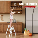 GameGem 2 Step Ladder, Aluminum Folding 2 Step Stool with Anti-Slip Sturdy and Wide Pedal, Lightweight Portable Stepladder for Home and Kitchen Use Space Saving, Cream White, 330 lbs