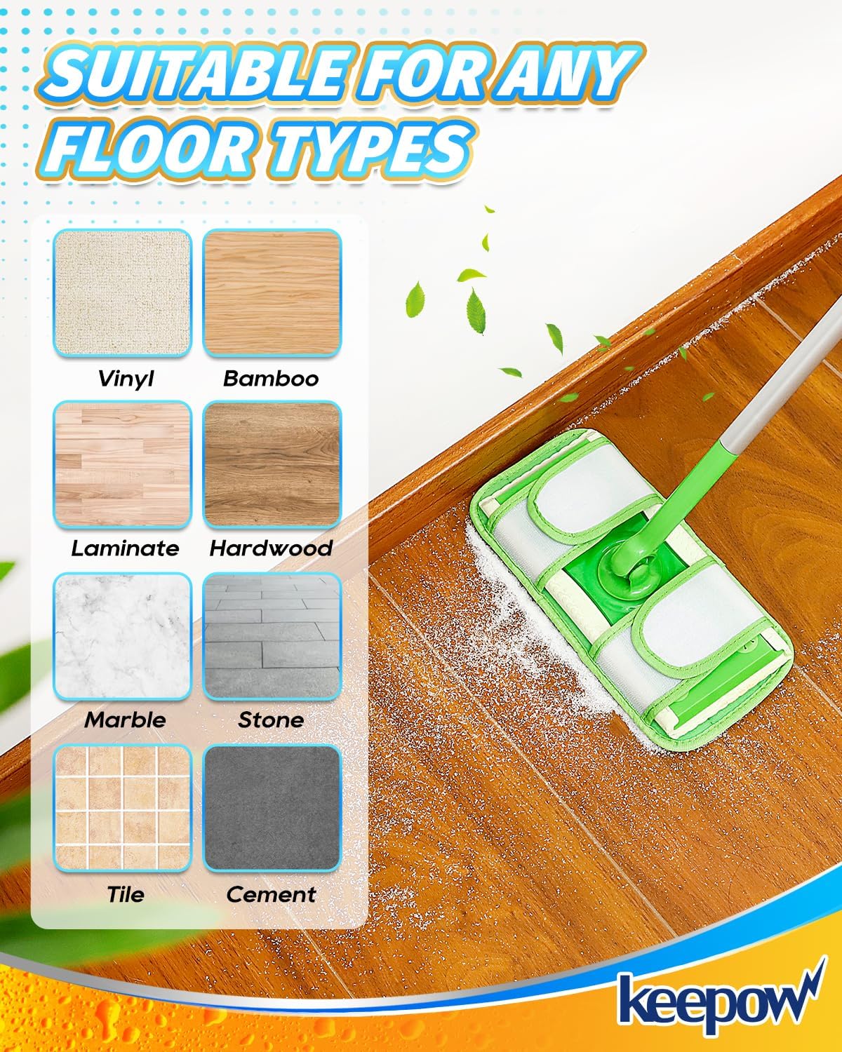 Keepow 6 Pack Microfiber Mop Pads Compatible with Swiffer Sweeper Mop and Sweep & Mop Deluxe Dry Pads Refills Reusable Wet Pads Mop Refill Pads Dry Wet Refills Washable Pads Wood Floor Cleaning Pads