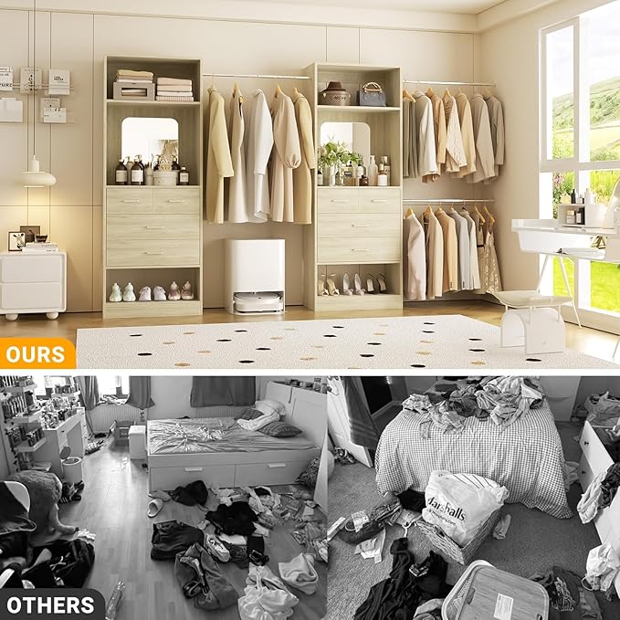 Unikito Closet System, 6-14FT Walk in Closet Organizer with 8 Drawers and Mirror, 168" Wood Closets Insert with Tower, Sturdy Wardrobe Closets Garment Rack with Extendable Hanging Rods, White Oak