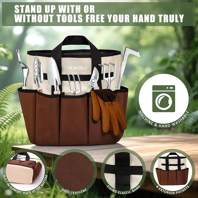 Garden Tool Set, 12 Pcs Heavy Duty Floral Gardening Tools Kit with Gardening Hand Weeder Tools, Durable Storage Bag and Gloves, Gifts for Women and Men Brown