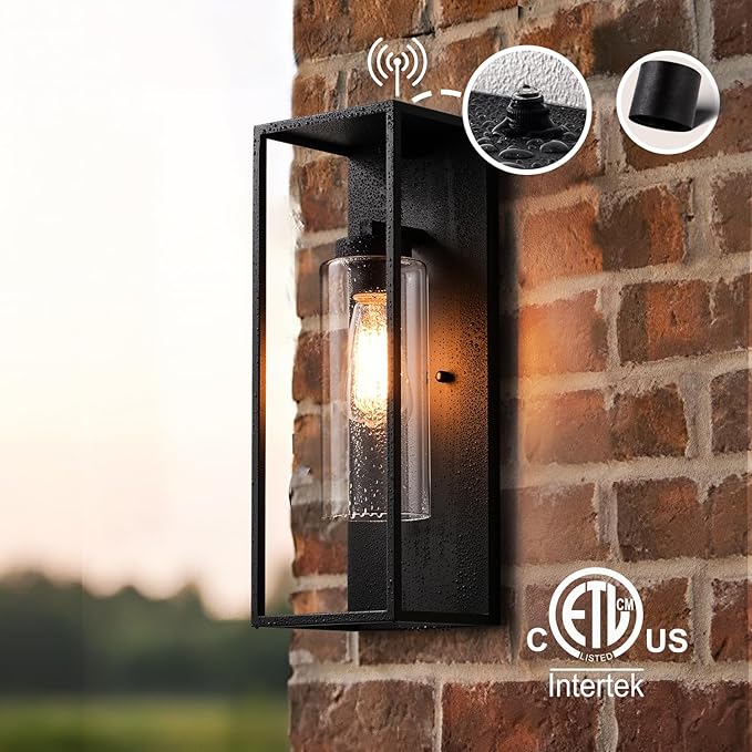 mirrea 18" Dusk to Dawn Outdoor Wall Sconce 1 Light in Cylinder Glass Shade and Matte Black Rectangular Metal Frame Waterproof Porch Light Patio Light Pack of 2