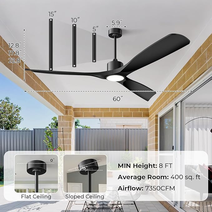 60" Smart Ceiling Fan with Lights,Outdoor Ceiling Fan 3 Blade,Work with Alexa/Gg/App/Remote,3-Color Light 6-Speed Quiet Reversible DC Motor for Patio Porch Bedroom,Black