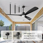 60" Smart Ceiling Fan with Lights,Outdoor Ceiling Fan 3 Blade,Work with Alexa/Gg/App/Remote,3-Color Light 6-Speed Quiet Reversible DC Motor for Patio Porch Bedroom,Black