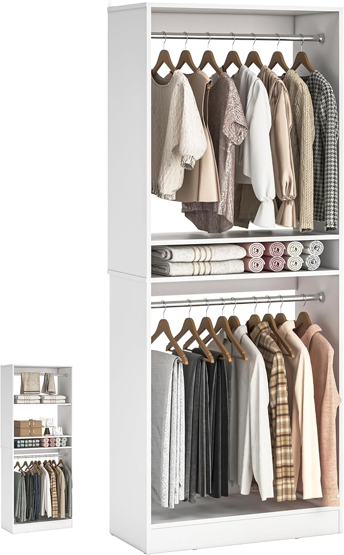 Unikito Freestanding Closet System, 25” Closet Organizer Wardrobe with Hanging Rods & Shelve, Adjustable Clothes Garment Rack, Sturdy Walk in Closet Tower, Easy Assembly, 25" W x 16" D x 80" H, White