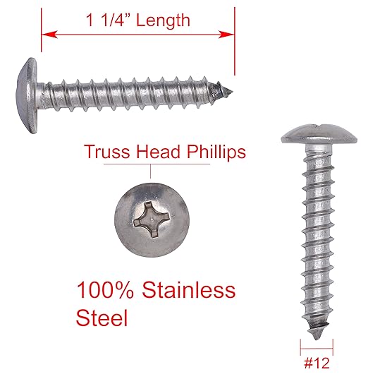 No. 12 x 1-1/4" Stainless Truss Head Phillips Wood Screw, (25 pc), 18-8 (304) Stainless Steel Sheet Metal Screws, Type A Point, Plain Finish by Bolt Dropper