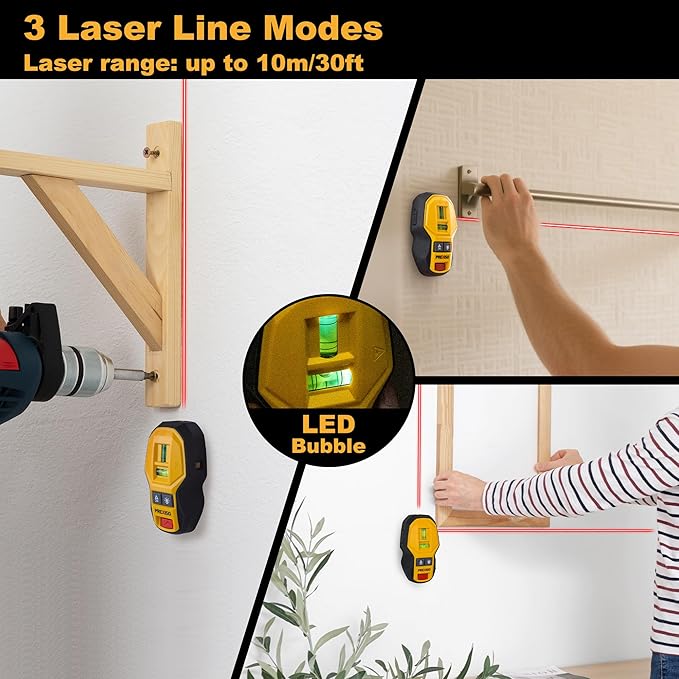 PREXISO 2-in-1 Rechargeable Cross Line Laser Level with Magnetic Stud Finder, Compact Line Lasers with LED Bubble Vials for Accurate Marking, Stud Detector Wall Scanners for Hanging Frames & Pictures
