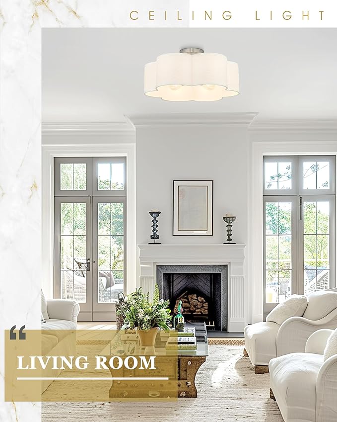 Semi Flush Mount Ceiling Lights, 6-Light 18" Ceiling Light Fixtures with Fabric Shade in Flower Shape, Brushed Nickel Farmhouse Drum Lighting for Nursery Bedroom Kitchen, AD-22007-6SF-SN