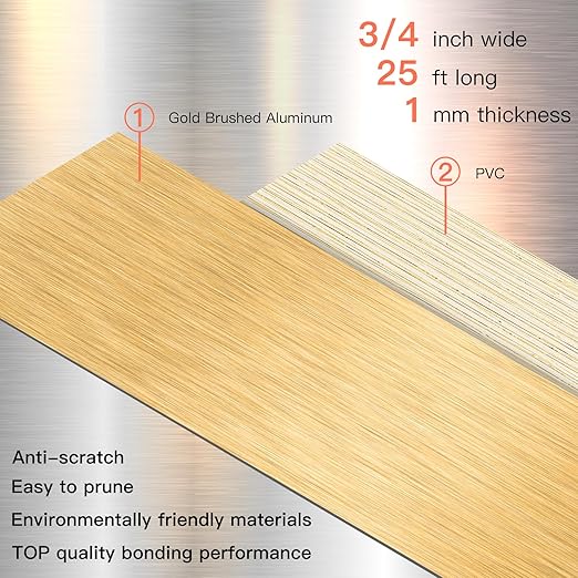 GSCIT Club Gold Edge Banding, 3/4 Inch x 25ft Aluminum Brushed Edge Banding PVC Edge Trim for Cabinet Repair Furniture