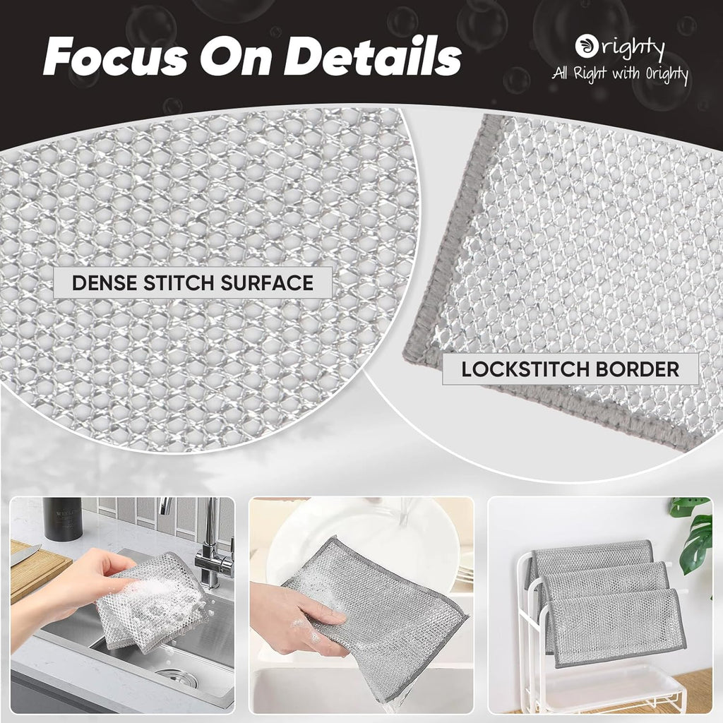 Orighty 12 Pcs Multipurpose Wire Dishwashing Rag, Non-Scratch Wire Dish Cleaning Cloths for Wet and Dry, Reusable Steel Scrubber for Kitchen, Powerful Dishcloth Rag for Cookware, Dish, Stove-7"x8"