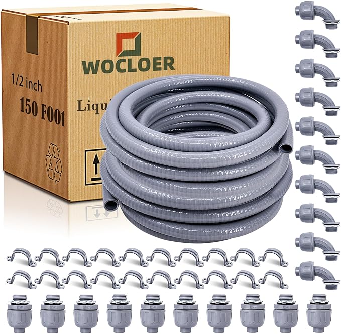 1/2 inch 150 Foot Liquid-Tight Conduit and Connector Kit, Flexible Non Metallic Electrical Conduit, With 10 Straight and 10 Angle Fittings and Pipe Strap
