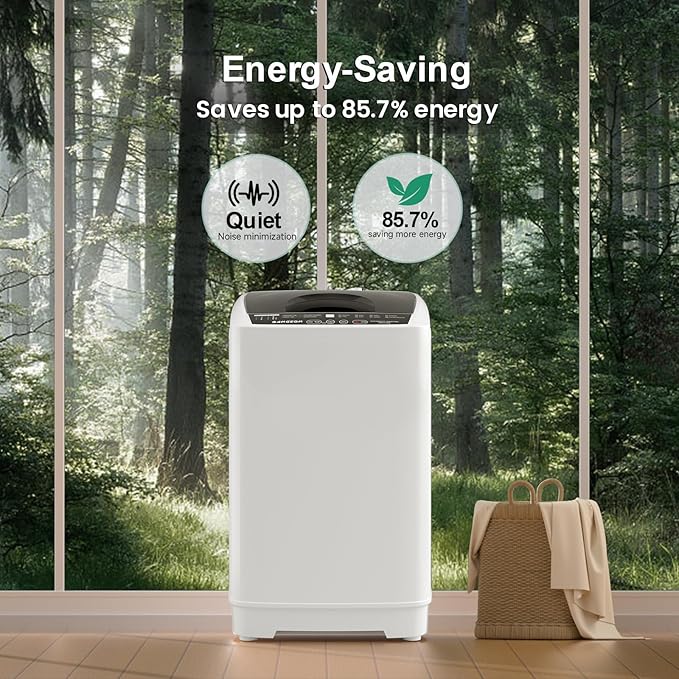 BANGSON 1.31cu.ft Portable Washing Machine, Full-Automatic Washing Machine with 8 Programs 6 Water Levels, Drain Pump and LED Display, Compact Washer for Apartments, RVs, Homes, White