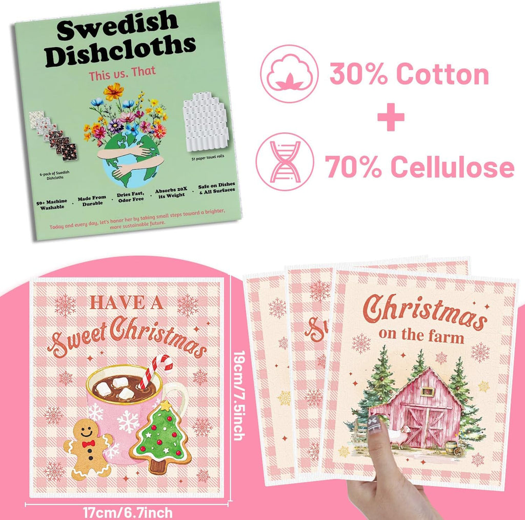 Pink Christmas Swedish Dishcloths for Kitchen, 6 Pack Snowman Truck Reusable Dish Paper Towels Housewarming Gifts, Xmas Absorbent Dish Rags for Home Cleaning