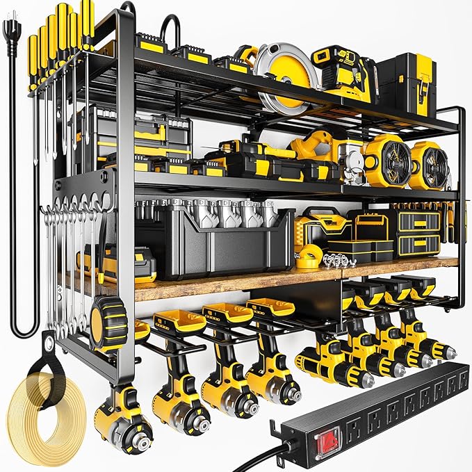 33" W Large Power Tool Organizer with Charging Station, 4-Layer Heavy Duty Utility Rack Loads 400lbs, Holds 8 Cordless Drills, Wall Mount Tool Shelf with 8-Outlet Power Strip, Gift for Men