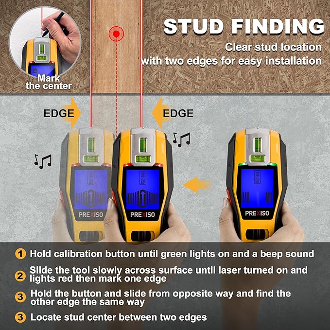 PREXISO 2-in-1 Stud Finder with Laser Level, Rechargeable Multi Surface Cross Line Laser & Wall Stud Scanners Tool for Hanging Frames & Picture, Wood Ac Wire Metal Studs Joist Pipe Detection