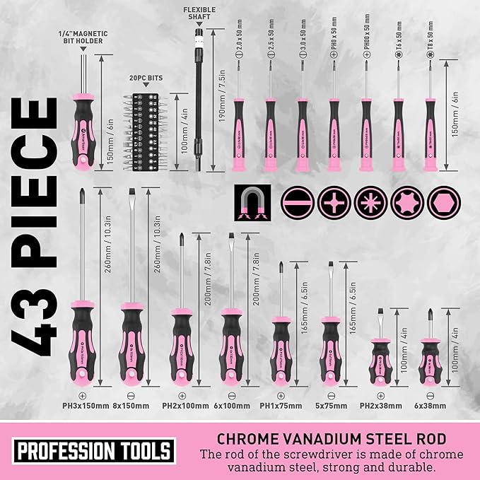 Magnetic Screwdrivers Set with Case, Amartisan 43-piece Includs Slotted, Phillips, Hex, Pozidriv,Torx and Precision Screwdriver Set, Magnetizer Demagnetizer Tools, Tools for Men (Pink))