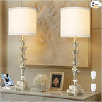 33'' Touch Control Table Lamp Set of 2, 3-Way Dimmable Buffet Lamps with USB A+C Ports and White Shade, Silver Leaf Finish Nightstand Lamps for Living Room Bedroom Office Study Dinning (Bulb Included)