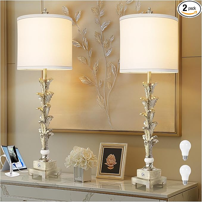 33'' Touch Control Table Lamp Set of 2, 3-Way Dimmable Buffet Lamps with USB A+C Ports and White Shade, Silver Leaf Finish Nightstand Lamps for Living Room Bedroom Office Study Dinning (Bulb Included)