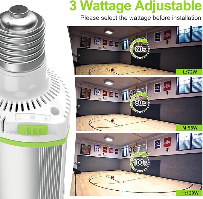 LED Corn Light Bulb 120W 96W 72W Wattage Adjustable, E39 Base Corn Cob Light Bulb 5700K 5000K 4500K, 18,000LM DLC ETL Listed Commercial High Bay Light for Warehouse Parking Lot Lighting, AC 100V-277