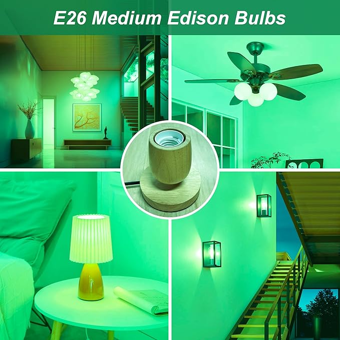 4 Pack 3.2 Inch T10 Green Light Bulb, E26 Base Edison Bulbs Dimmable, AC 120V 60 Watt Equivalent Clear Glass Filament Bulb, Halloween Christmas Party Bar Colored Light Bulbs, UL Listed