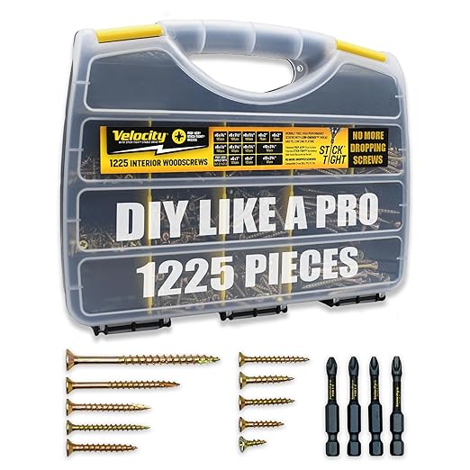 Velocity Interior Wood Screws Assortment Kit in 10 Sizes, Stick Tight Technology, Zinc Plated Carbon Steel, 4 PSD ACR Drive Bits, Set Screw Assortment Kit Storage Organizer (1225 Pieces)