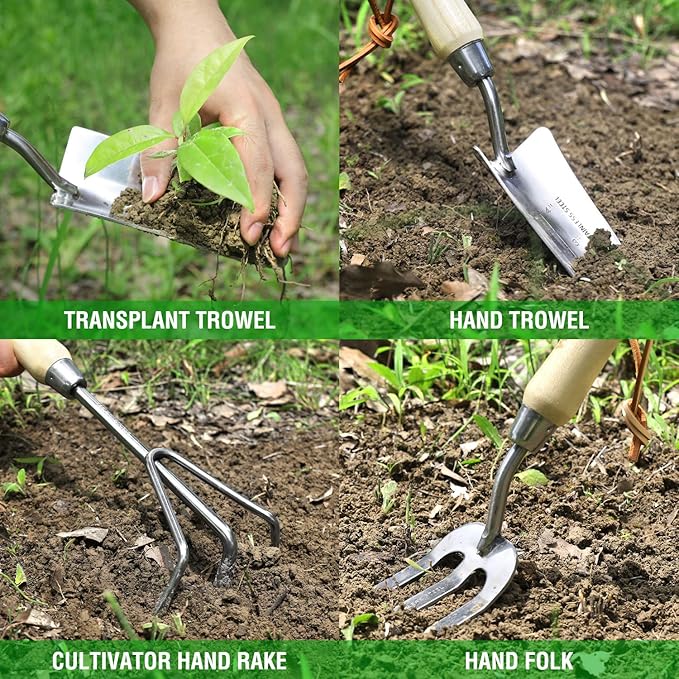 WORKPRO Garden Tools Set, 8 Piece, Stainless Steel Heavy Duty Gardening Tools with Wooden Handle, Including Garden Tote, Gloves, Trowel, Hand Weeder, Cultivator and More-Gardening Gifts For Women Men