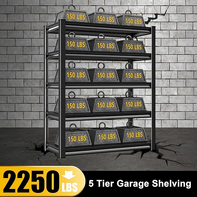 40" W Garage Shelving Heavy Duty, 2250LBS Loads Garage Storage Shelves Heavy Duty, 5-Tier Metal Shelving Units and Storage Racks, Industrial Utility Shelf,40" Wx18 Dx72 H, Black