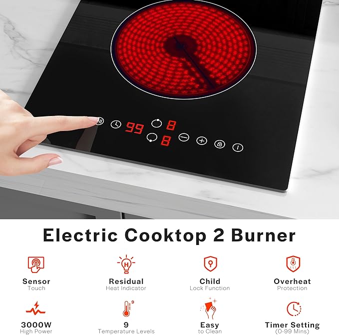 Empava 3000W Cooktop 2 Burner, Built in Infrared Electrical Stove Top for Kitchen 208~240V Hard Wired, No Plug, ETL Certified, Black, 12 Inch Radiant
