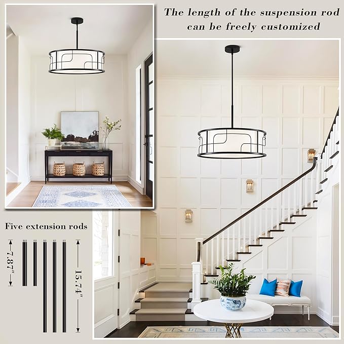 Drum Chandelier - Black and White Linear Design Adjustable Pendant Light for Dining Room, Kitchen Island, Living Room, Foyer (19.68", 5 Lights)